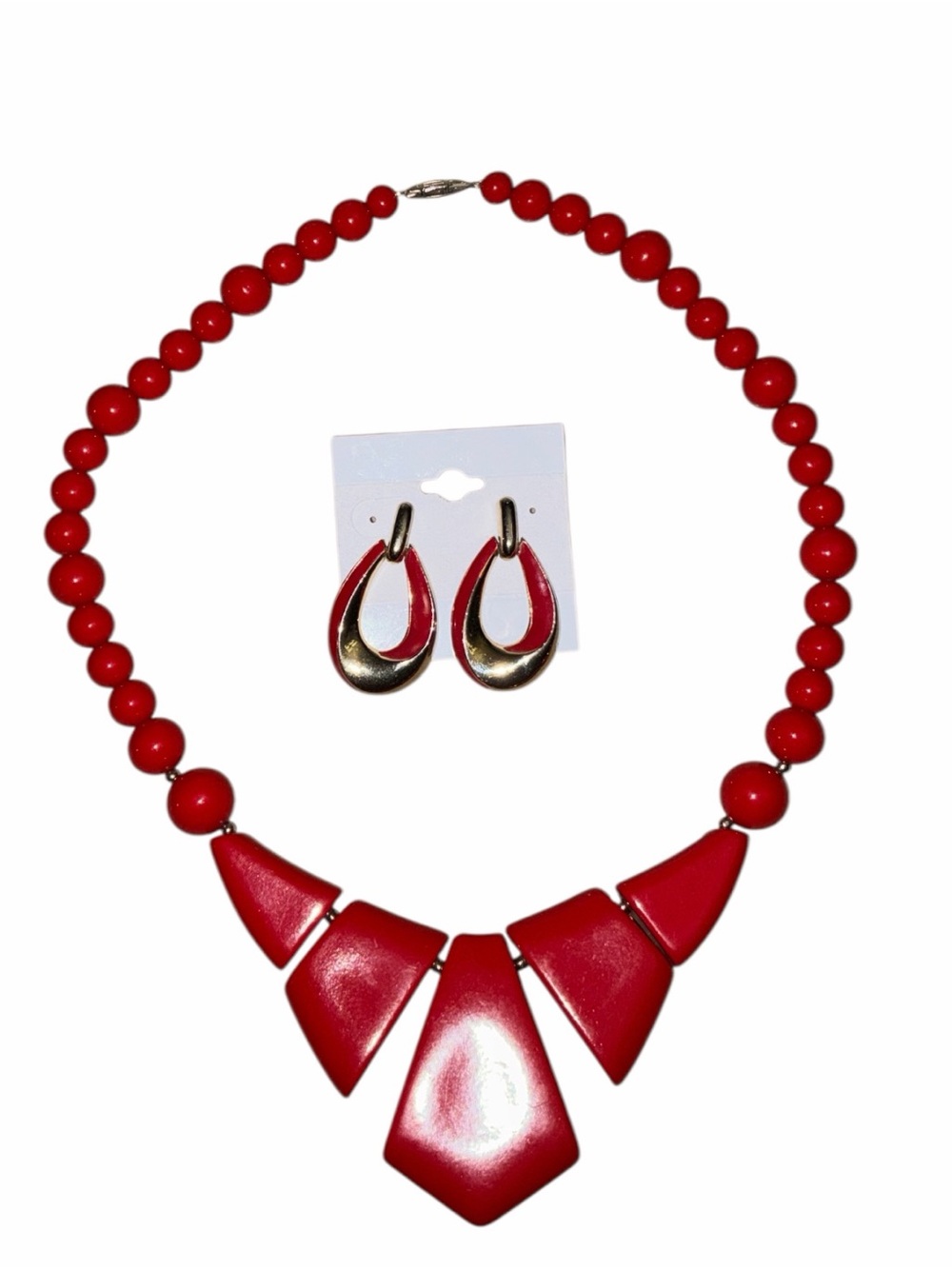 Vintage Red Bead Bib Necklace Silver Clasp Red Enamel Door Knocker Earrings Set